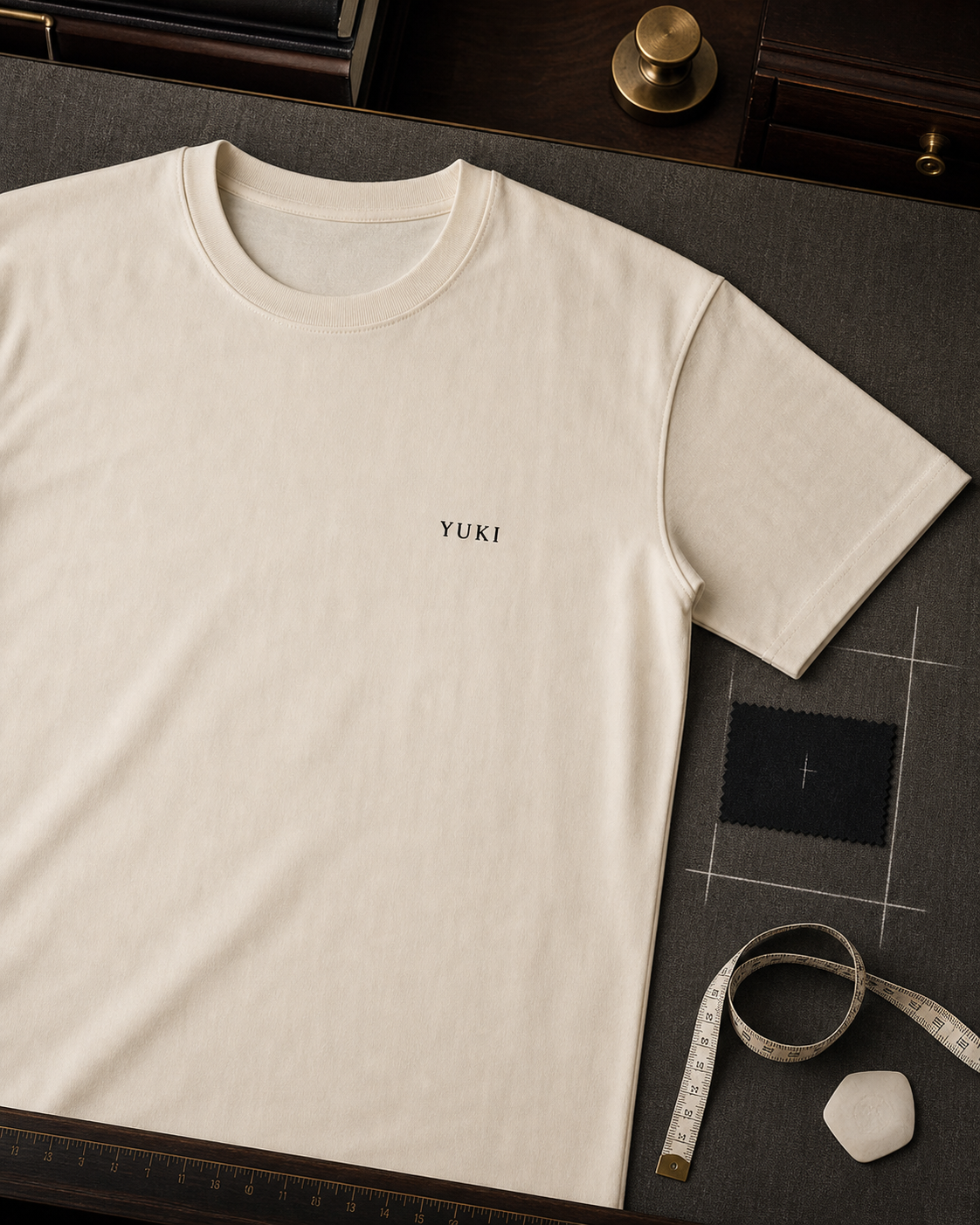 米白色 T-shirt 左胸 YUKI 名字與裁縫定位工具